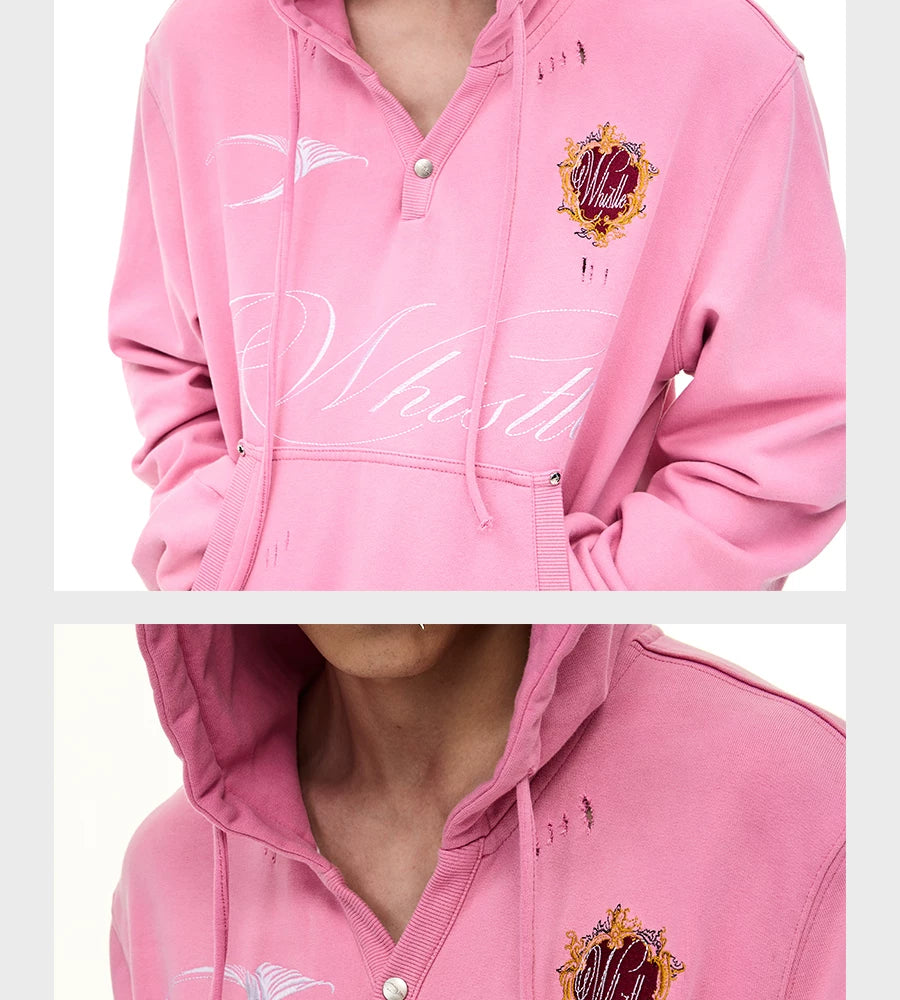 Distressed Embroidered V-Neck Cropped Wide Hoodie