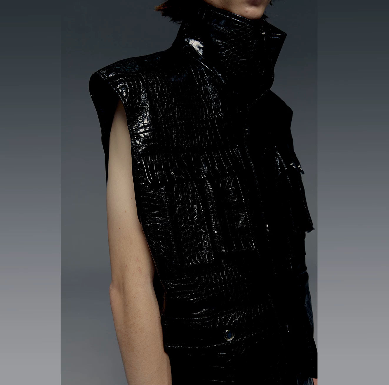 Croc Embossed Multi-pocket Sleeveless Leather Jacket