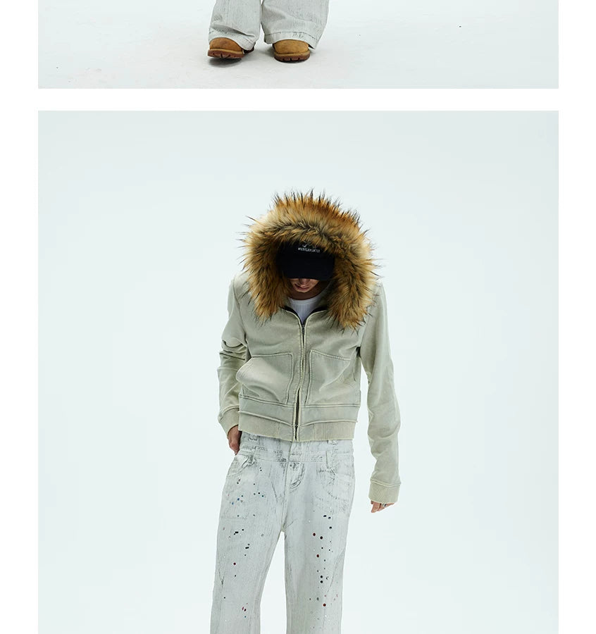 Washed Detachable Fur Zip Hoodie