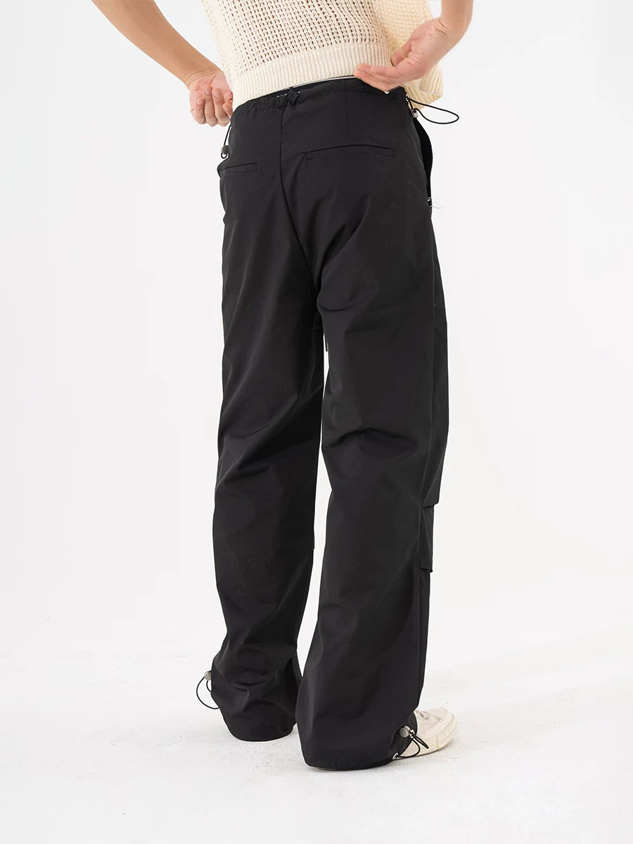 Black Khaki Drawstring Wide Leg Pants