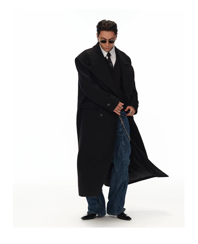 Men's Long Black Double-breasted Wool Coat