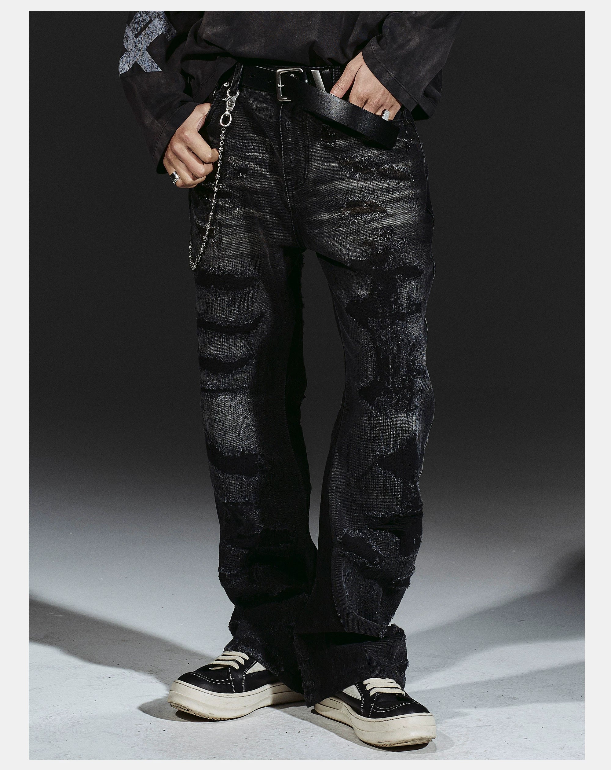 Flared Washed Distressed Patchwork Jeans