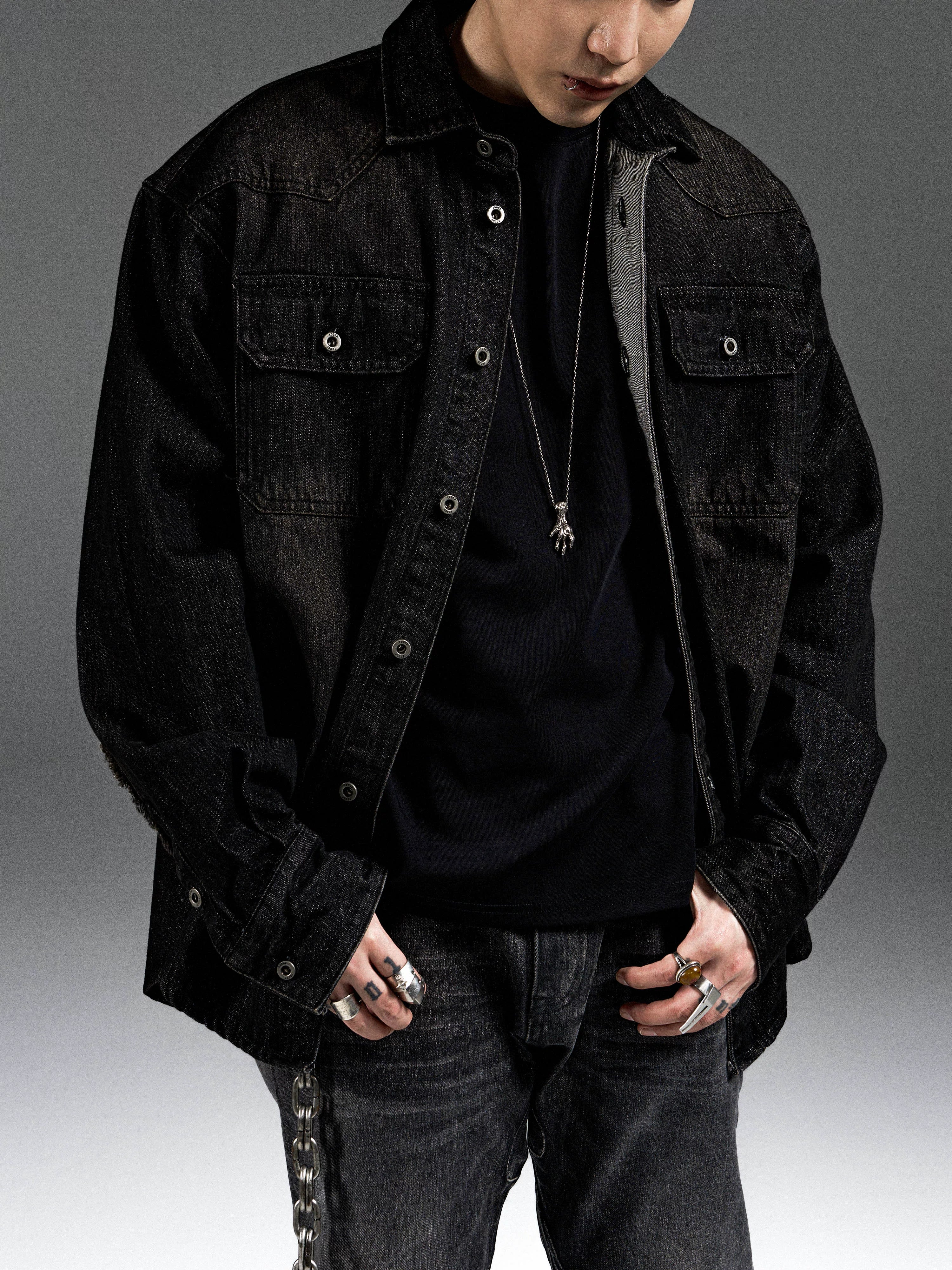 Washed Distressed Patchwork Denim Shirt Jacket