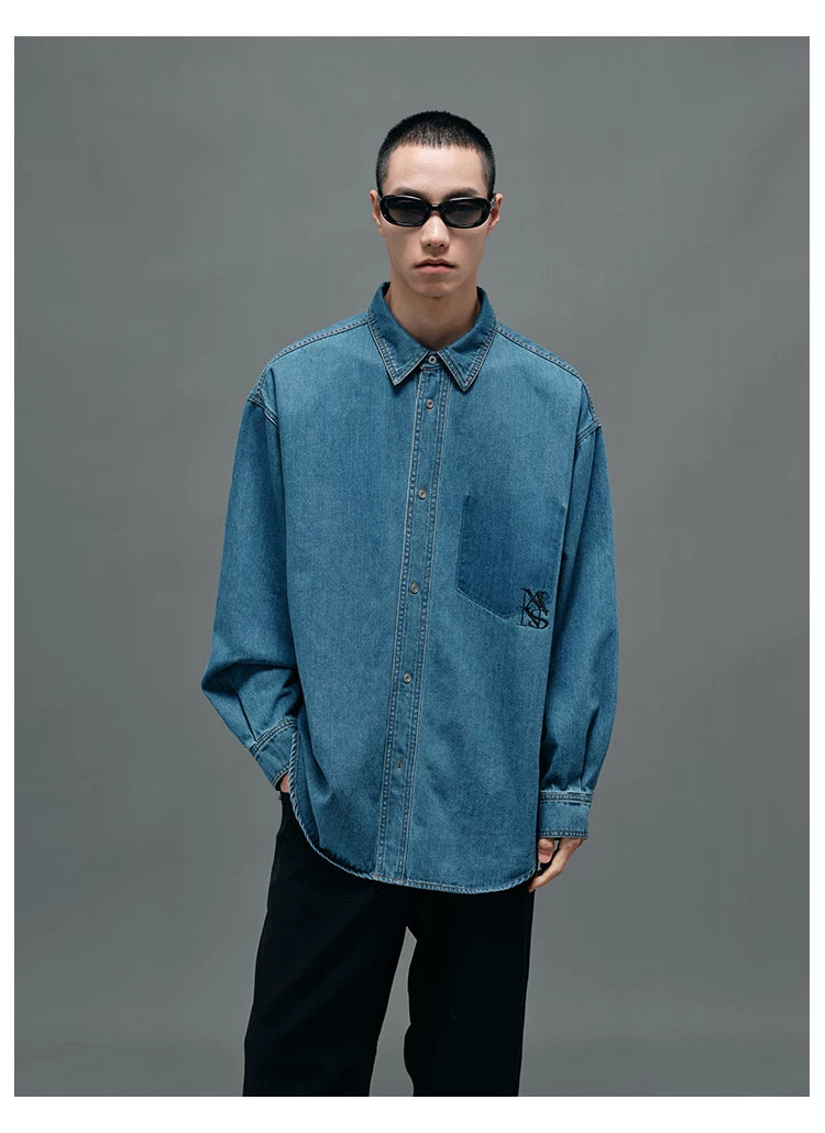 Washed Blue Oversized Embroidered Denim Shirt