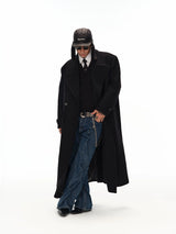 Men's Long Black Double-breasted Wool Coat