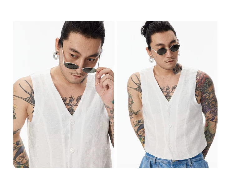 White Cropped V-neck Tencel Vest Unisex