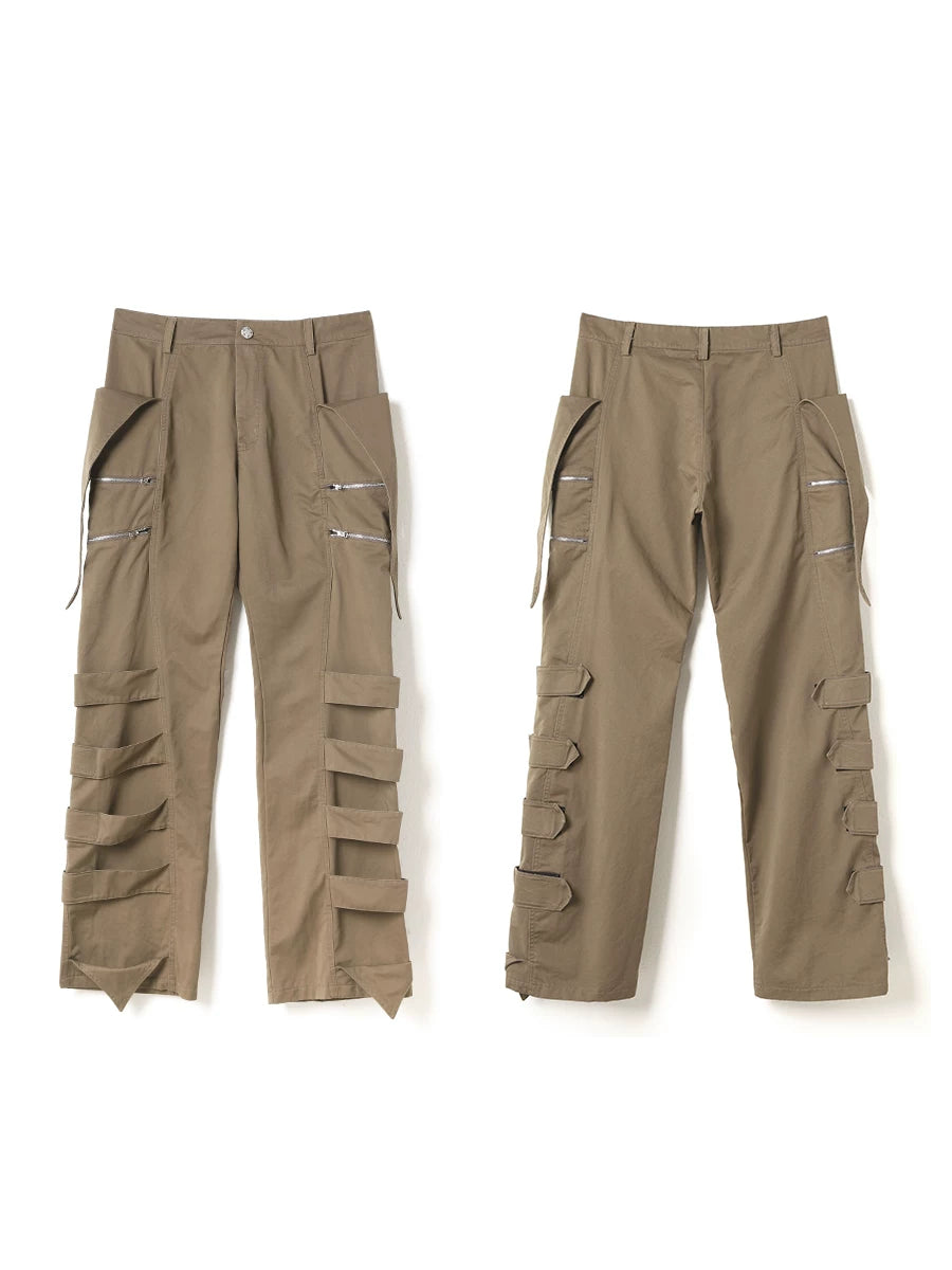 Vintage Brown Tie-Waist Wide-Leg Cargo Pants