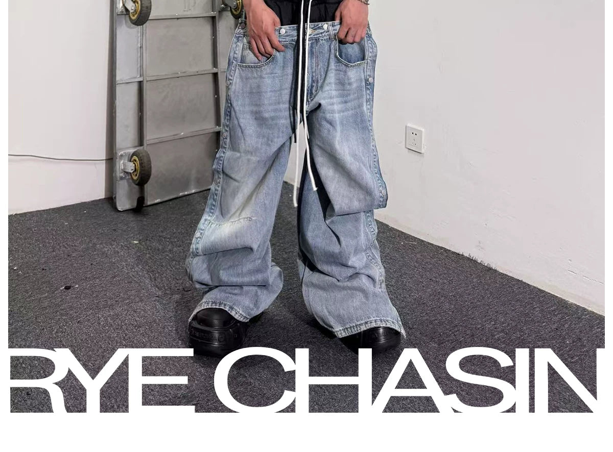 Double Waistband Drawstring Washed Blue Jeans