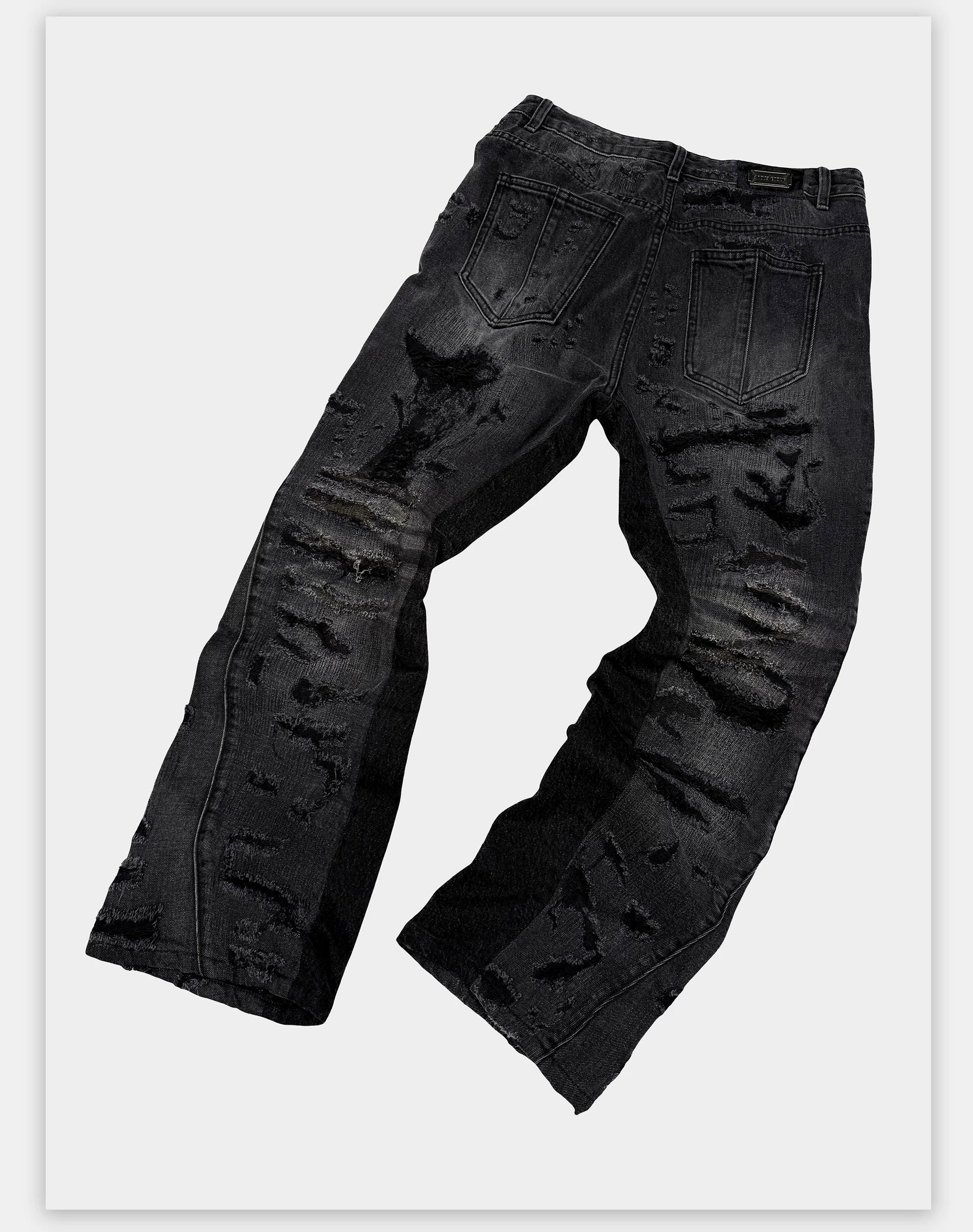 Flared Washed Distressed Patchwork Jeans
