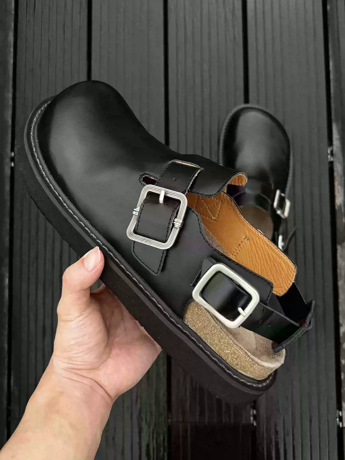 Adjustable Platform Cork Leather Mules