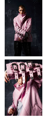 Two-Tone Metal Buckle Leather Trench Coat