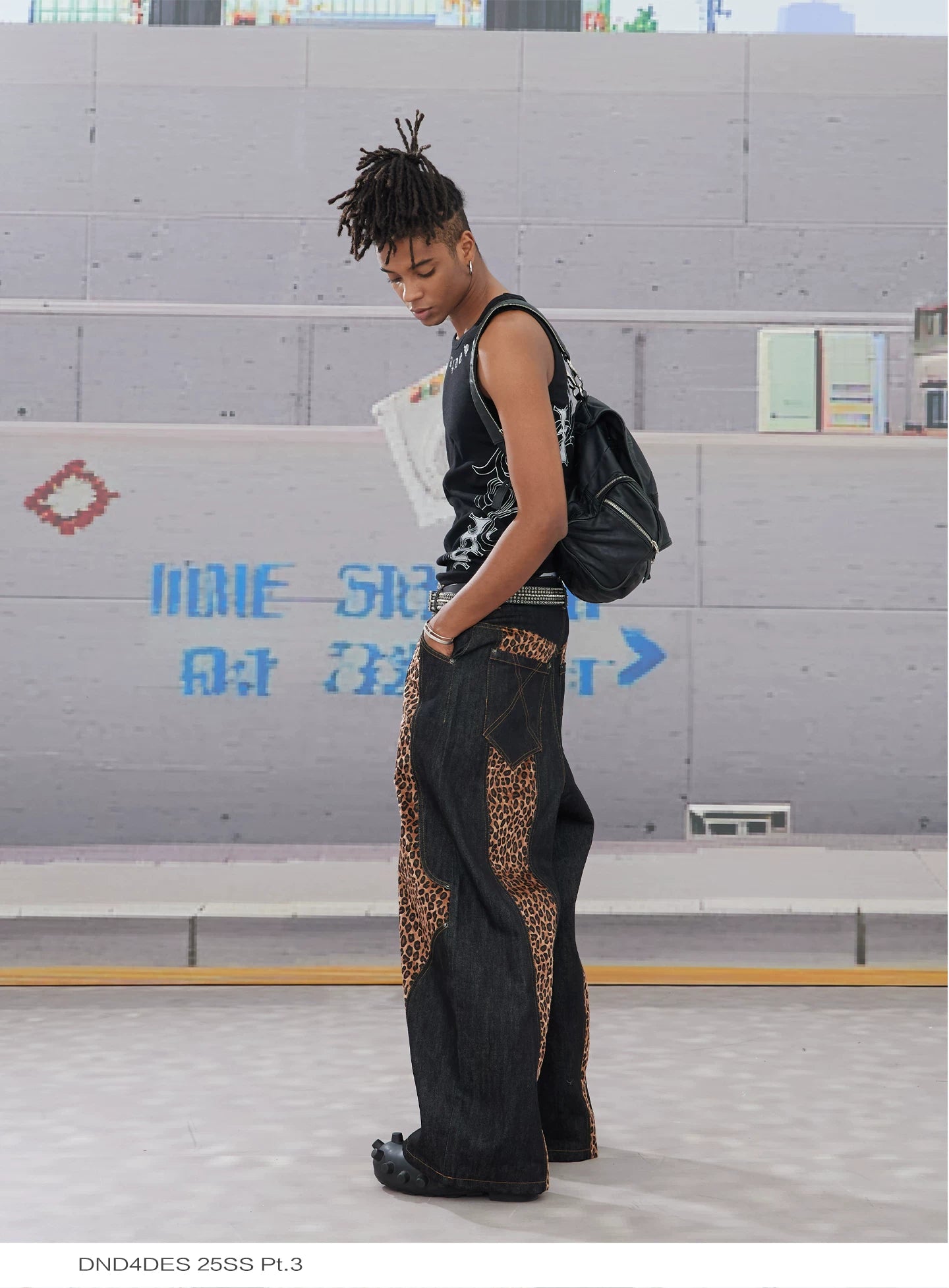 Leopard Cross Patchwork Baggy Curved Jeans
