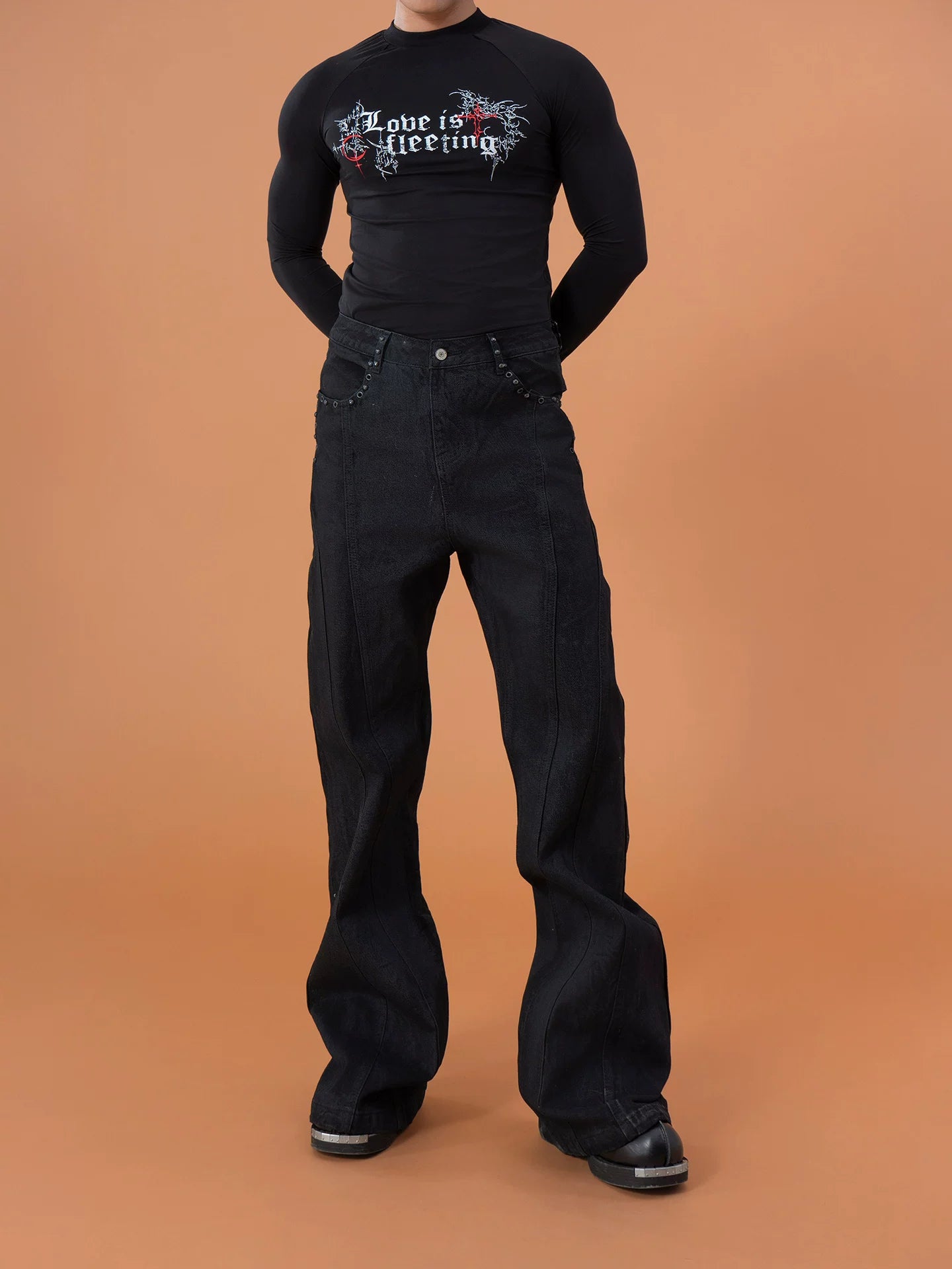 Men's Black Studded Loose Flared Jeans