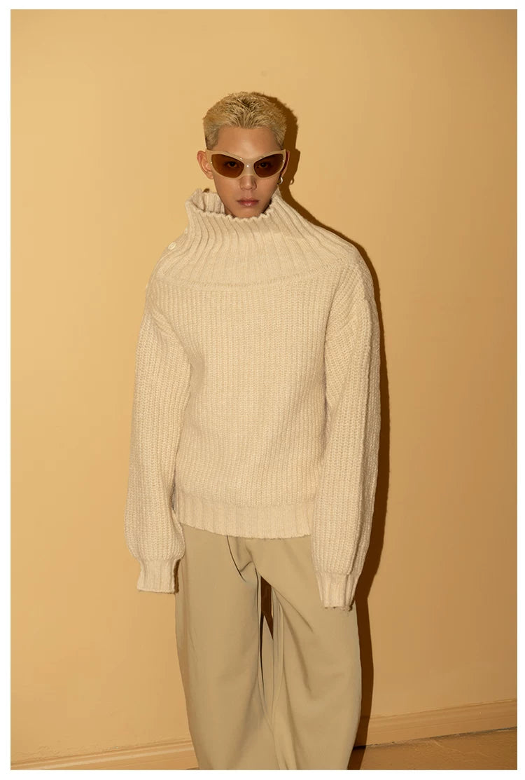 Men's Apricot Wool Side-buttoned Turtleneck Sweater