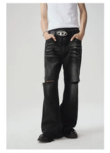 Two-Tone Distressed Wide Leg Flared Jeans