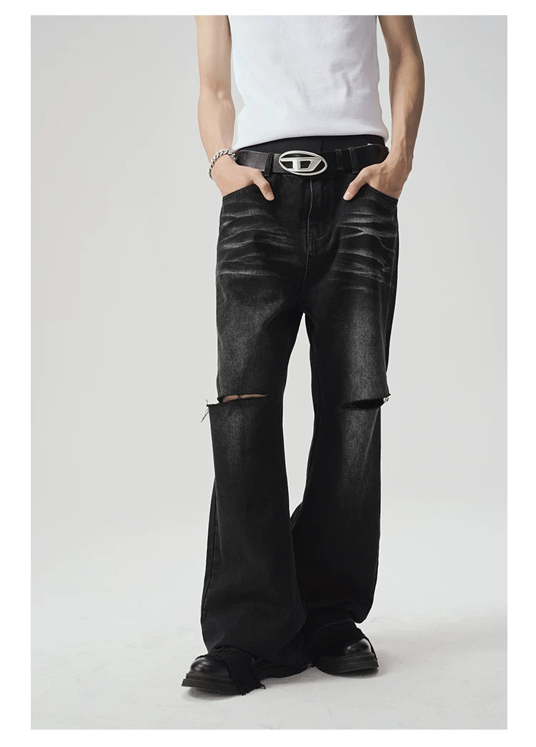 Two-Tone Distressed Wide Leg Flared Jeans