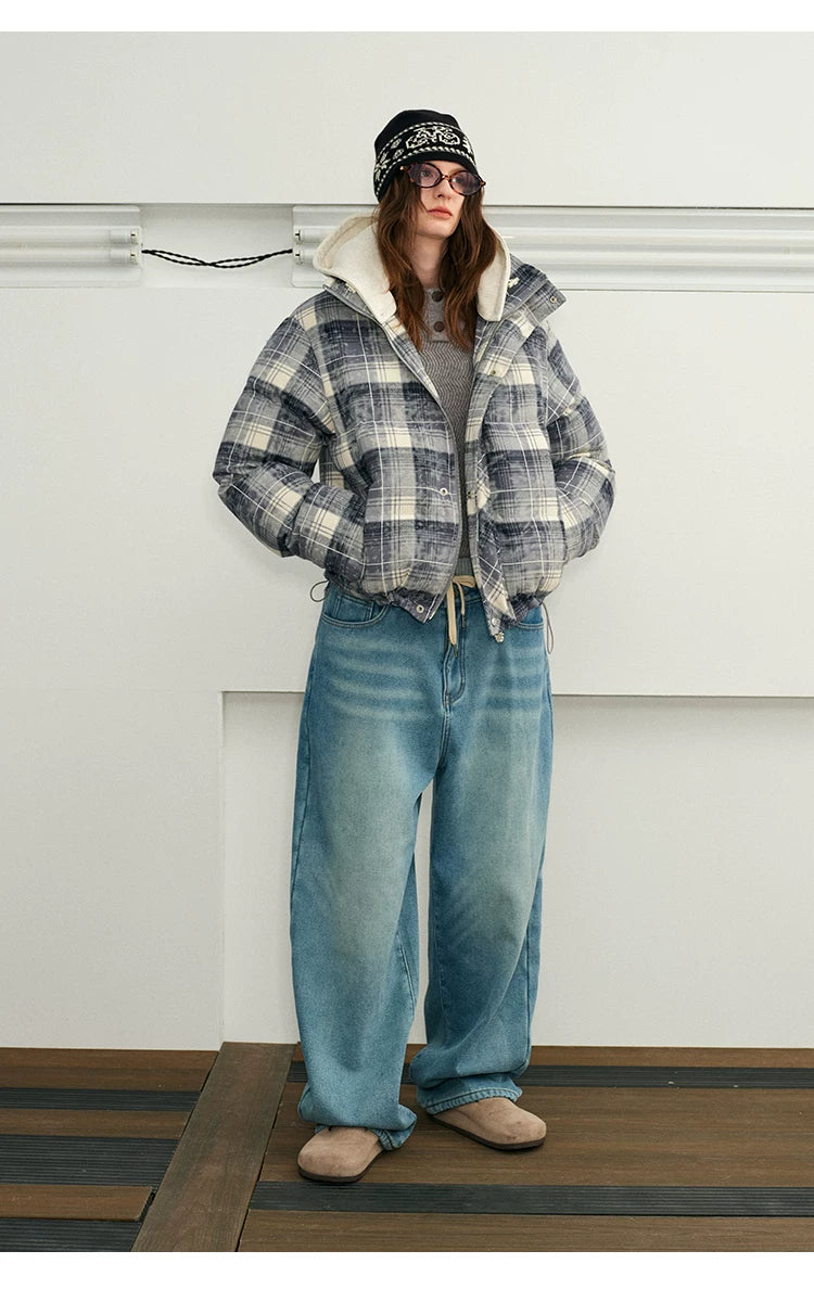 Detachable Hooded Plaid Puffer Coat