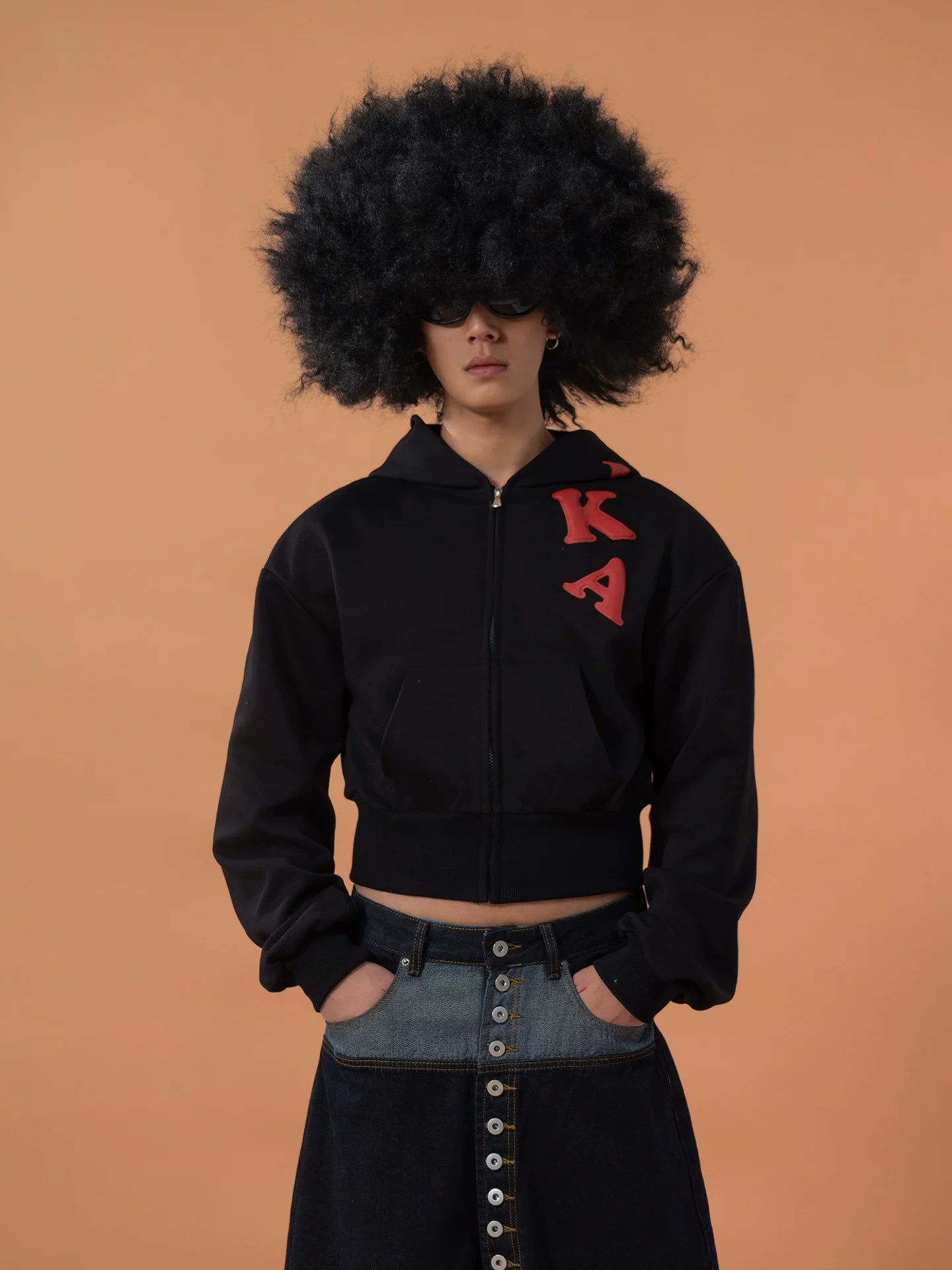 Men's Black Cropped Graphic Hooded Cardigan