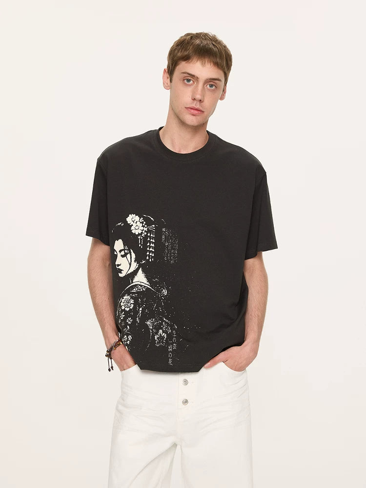 Geisha Print Casual Boxy Tee