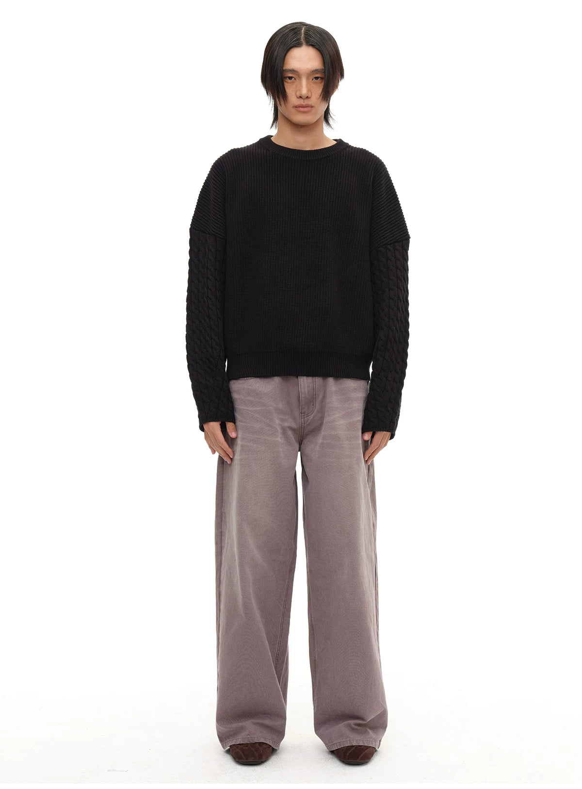 Cable Knit Cotton Drop Shoulder Sweater