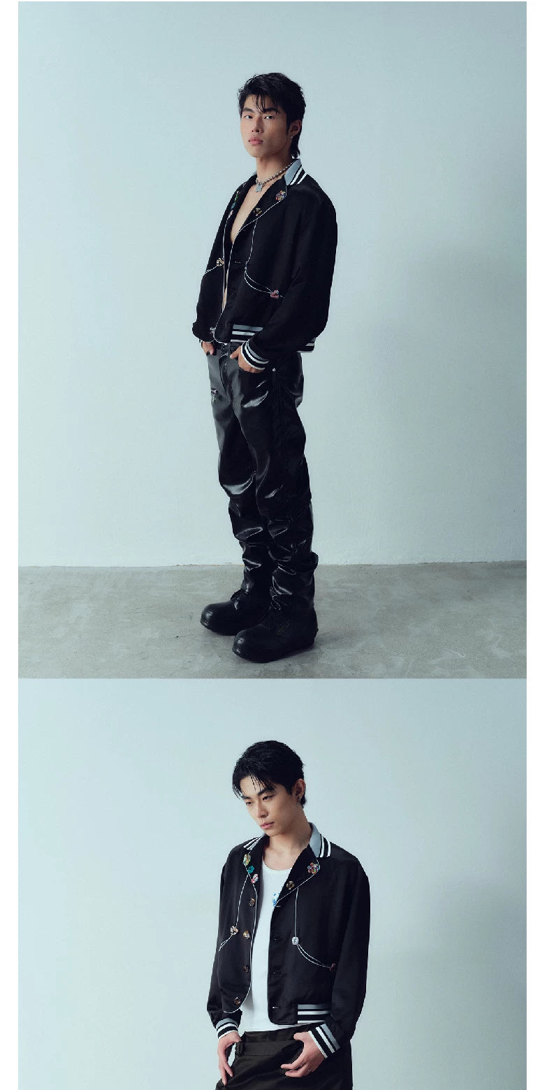 Ribbed Collar Shell Button Acetate Jacket