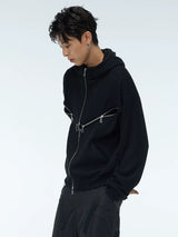 Two-Tone Cross Zip Hooded Turtleneck Cardigan