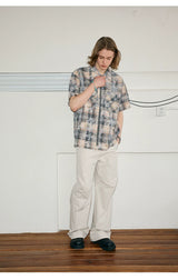 Men's Frayed Plaid Zip Short-sleeved Shirt