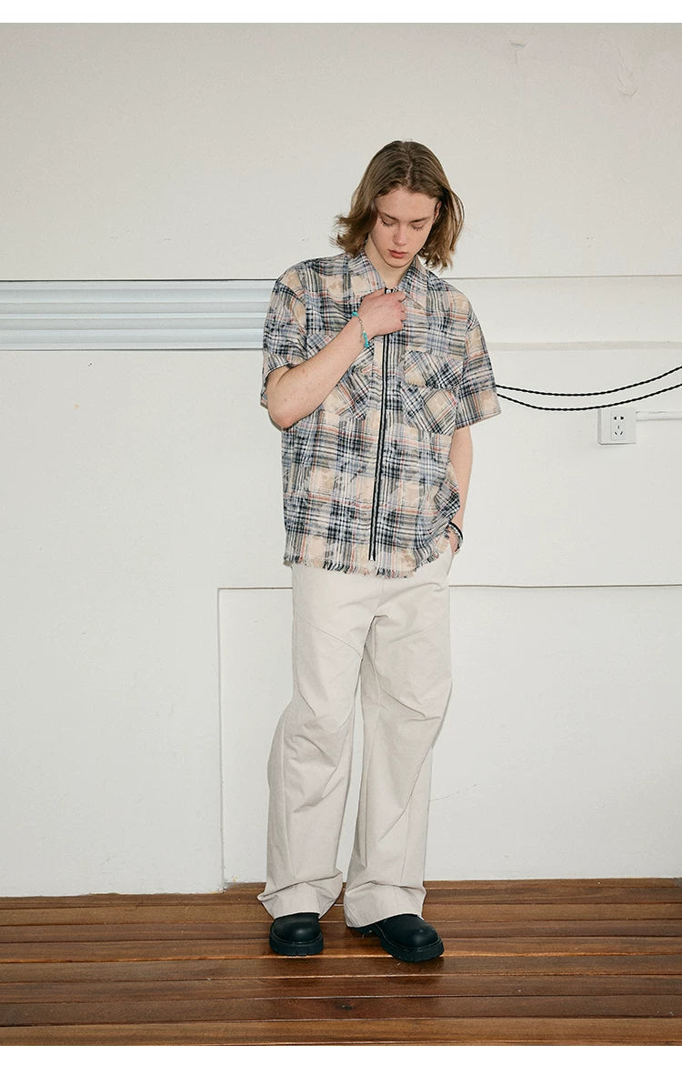 Men's Frayed Plaid Zip Short-sleeved Shirt