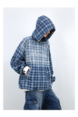 Gradient-Washed Plaid Stud Print Denim Hoodie