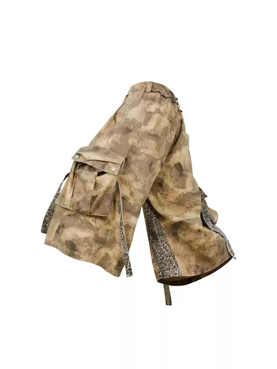 Camouflage Leopard Patchwork Scarf Cargo Shorts