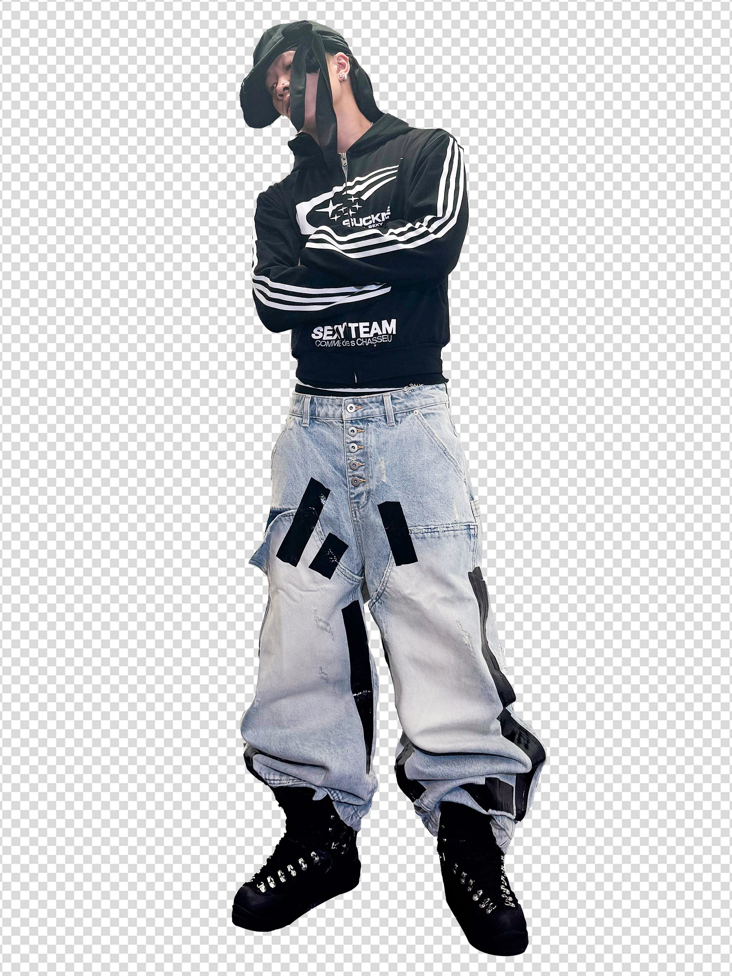 Washed Destroyed Black Tape Patched Jeans