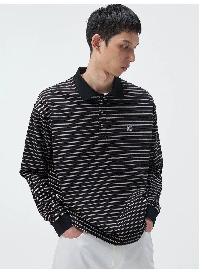 Striped Embroidered Long Sleeve Polo Tee