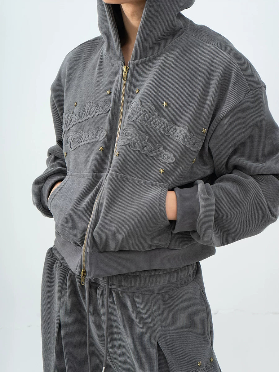 Gray Khaki Corduroy Embroidered Striped Zip-Hoodie