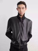Black Ribbed Cuff Faux Leather Jacket