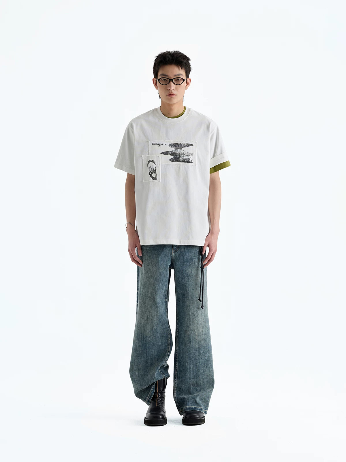 Frayed Printed Cotton Crew Neck Tee