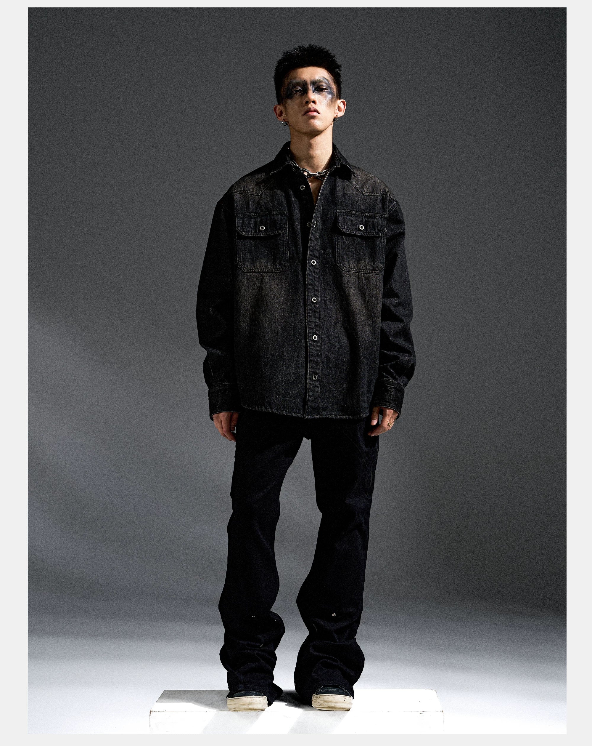 Washed Distressed Patchwork Denim Shirt Jacket