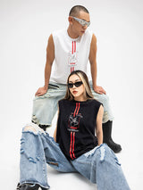 Men's White Loose Hand-Printed Tank Tops