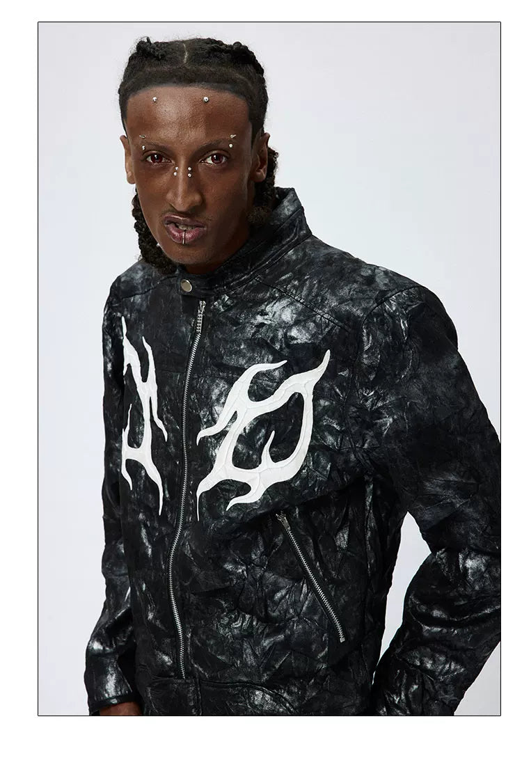 American Printed Pleated Leather Biker Jacket
