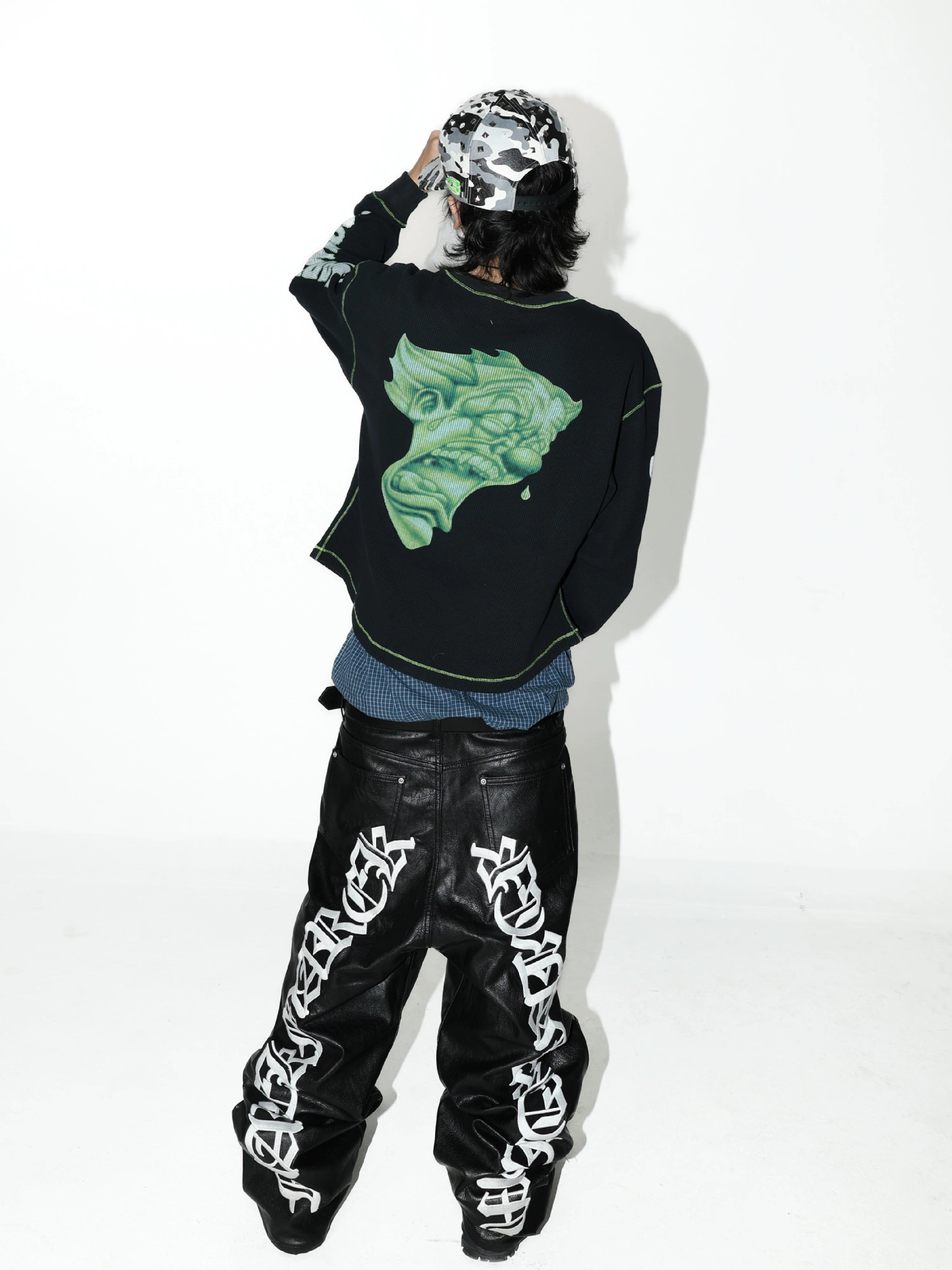 Black Green Printed Waffle Long-Sleeve Tee