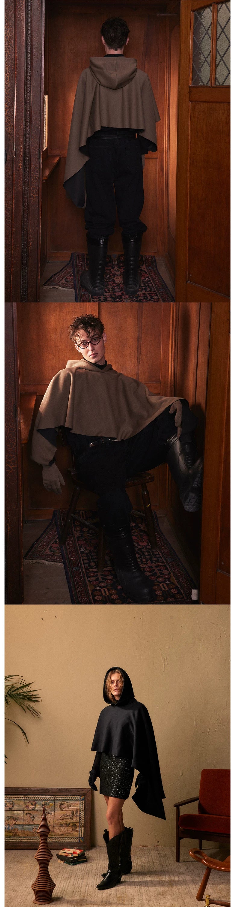 Dark Bat-Sleeve Hooded Cloak Coat