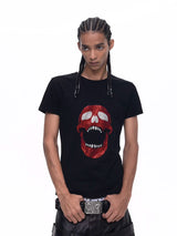 Demon Skull Rhinestone Print Crew Neck Tee