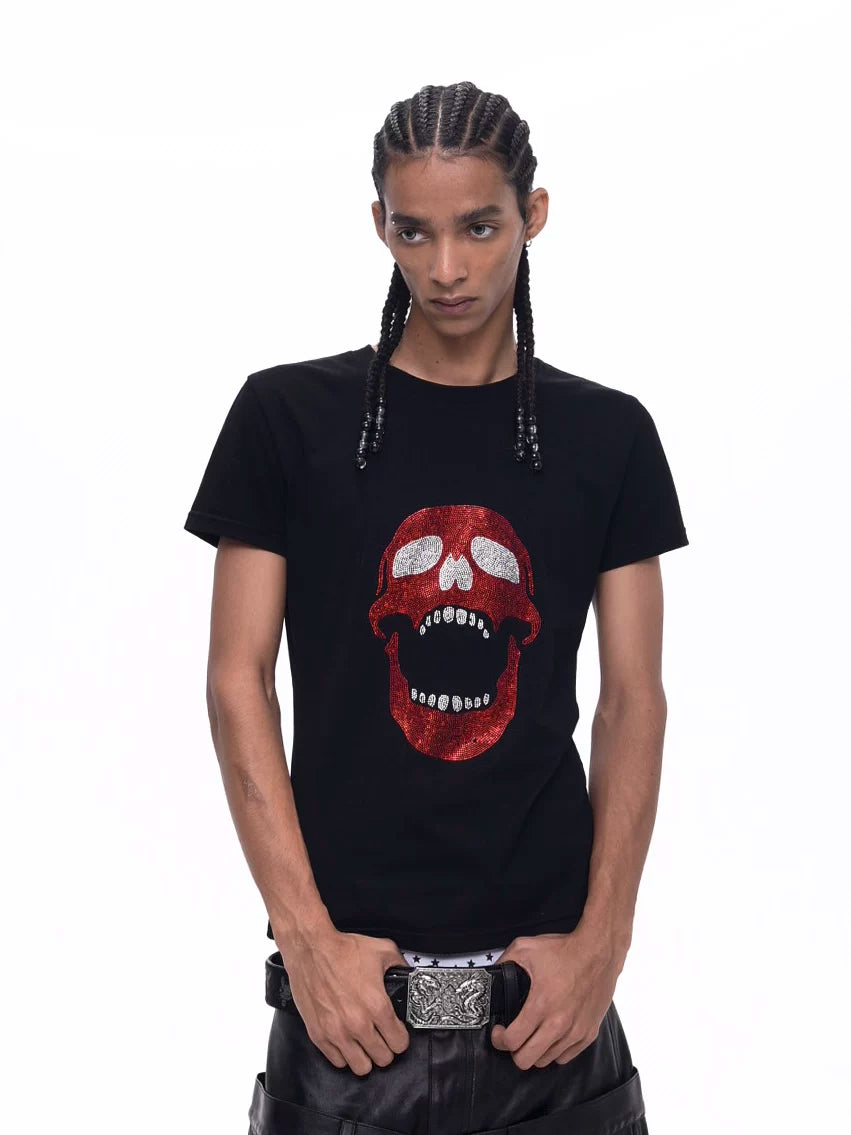 Demon Skull Rhinestone Print Crew Neck Tee