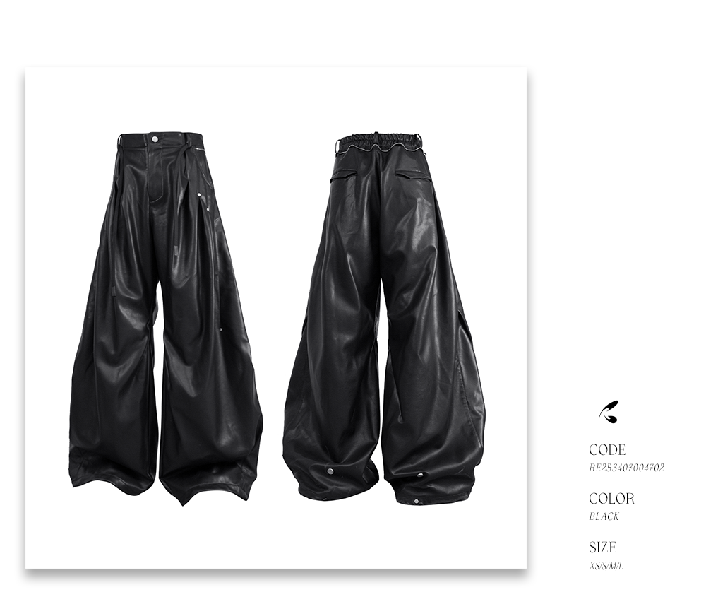 Deconstructed Pleated Curved Leather Pants