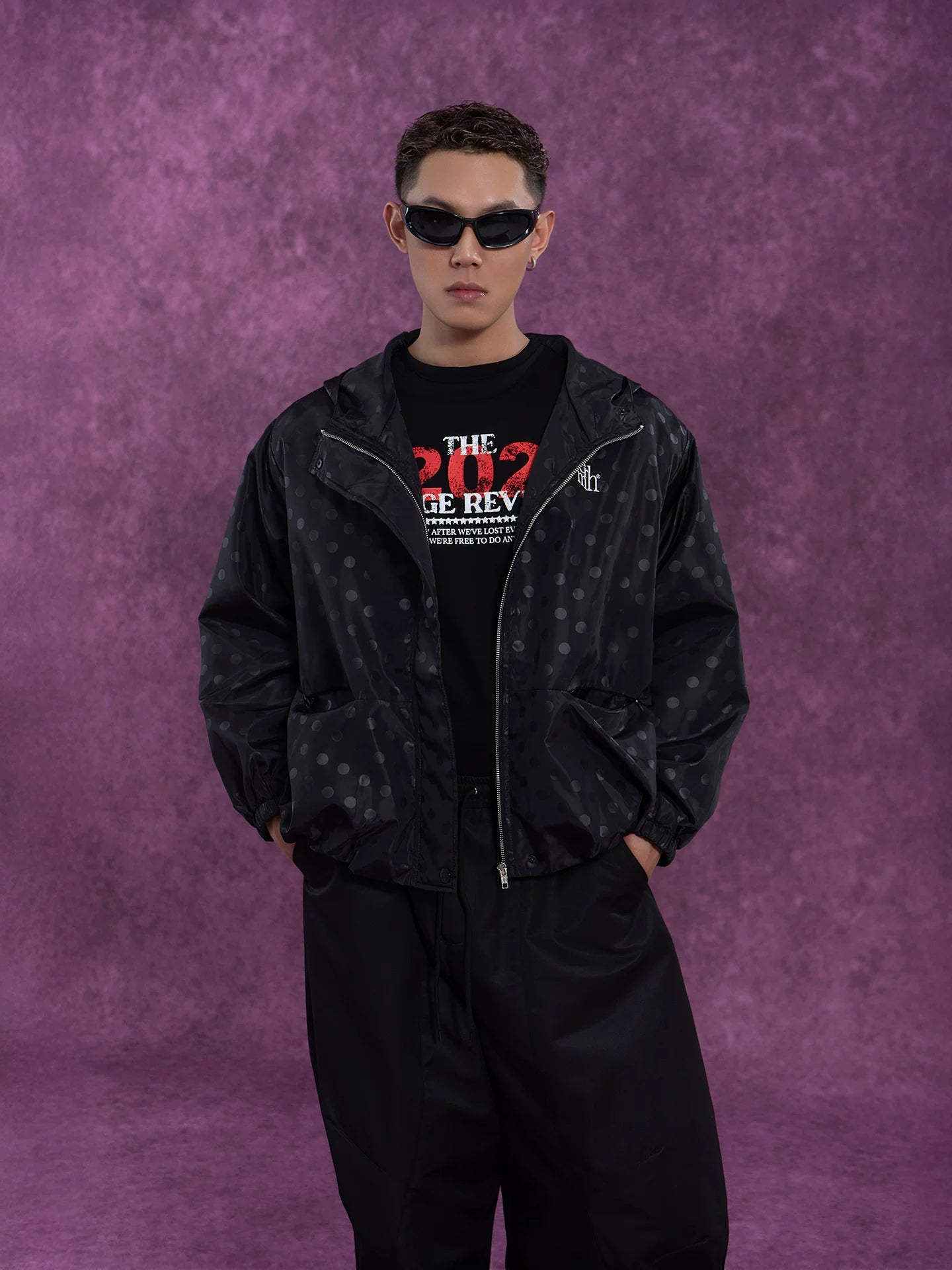 Black Polka Dot Hooded Windproof Jacket