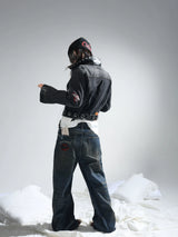 Black Cropped Embroidered Studded Denim Jacket