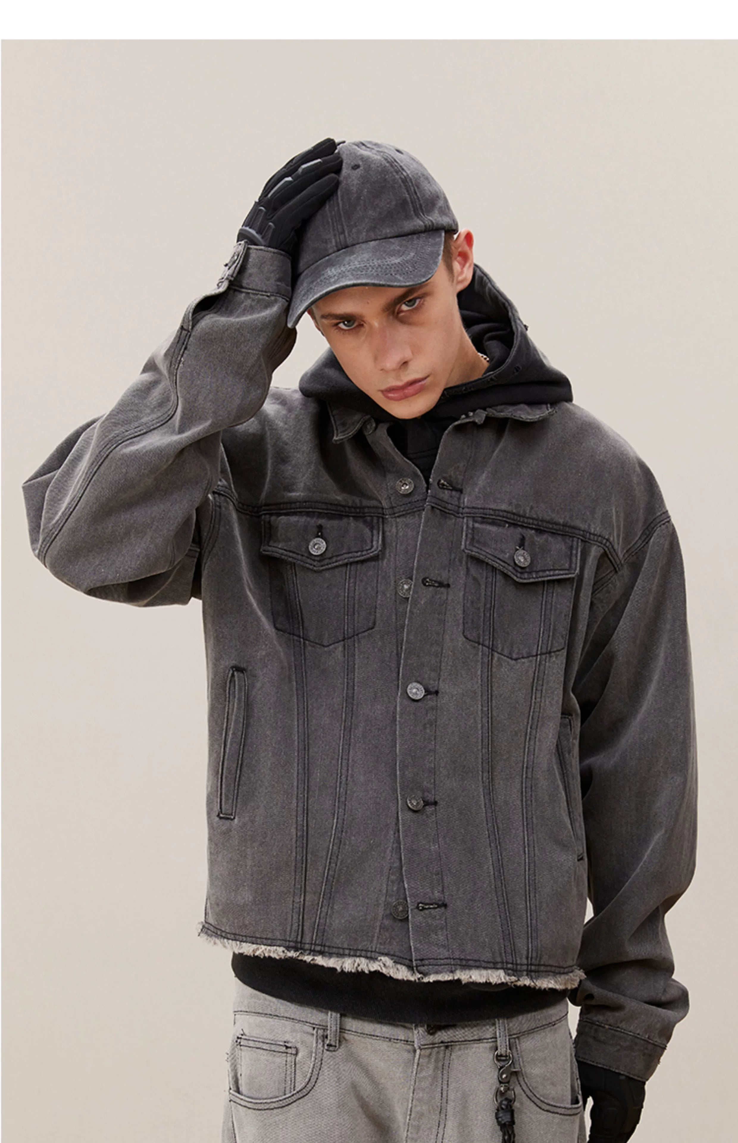Men's Washed Frayed Collared Denim Jacket