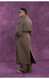 Belted Vintage Taupe Striped Cape Coat
