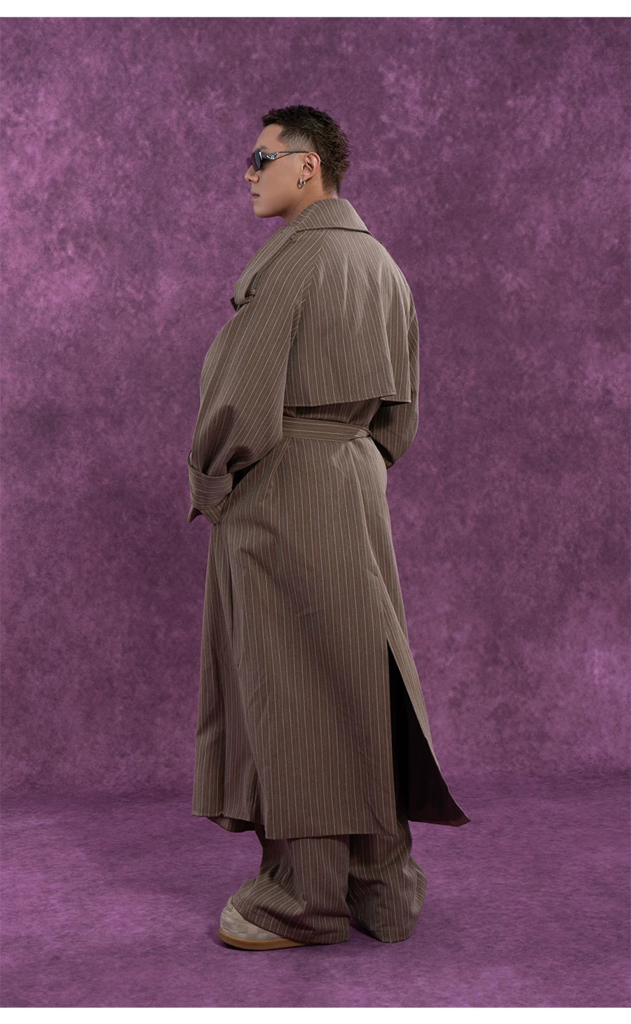 Belted Vintage Taupe Striped Cape Coat