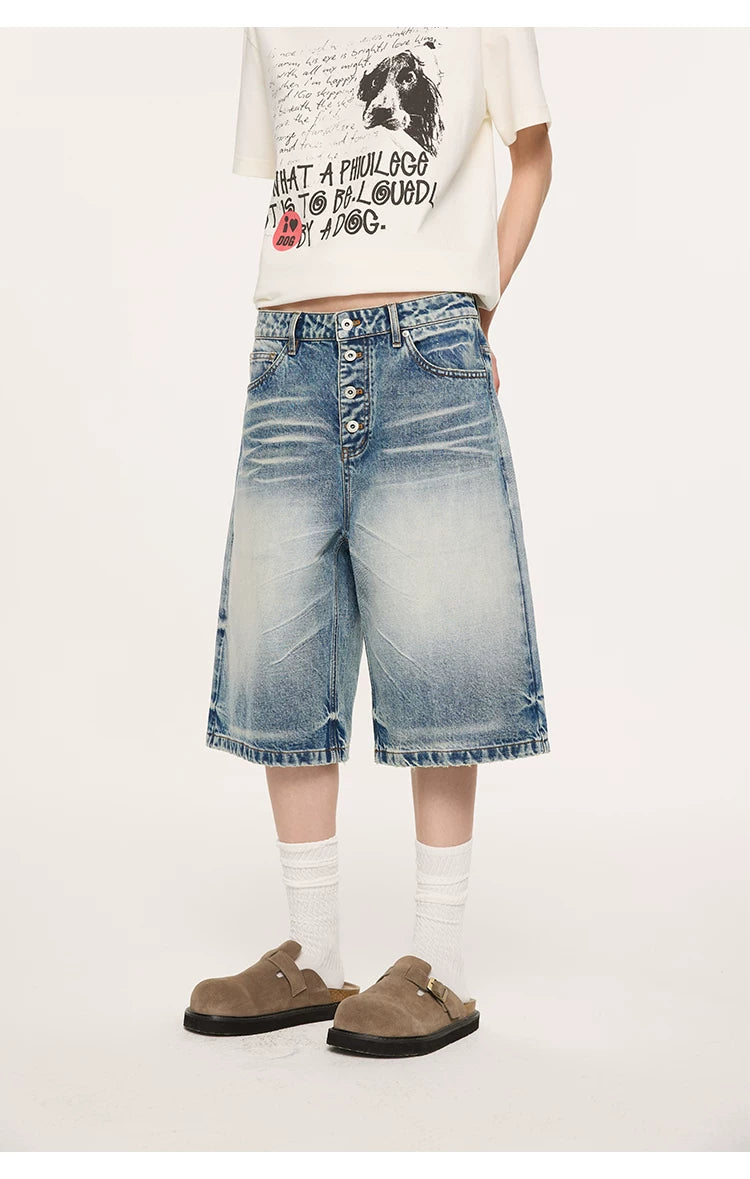 Whisker Wash Button Denim Shorts