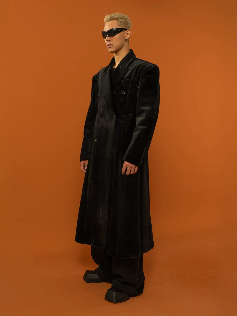 Men's Long Black Velvet Wool Coat